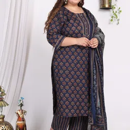 KALINI Plus Size Floral Printed Sequinned Pure Cotton Kurta With Trousers & Dupatta image 3