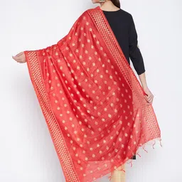 Clora Creation Red & Gold-Toned Woven Design Pure Cotton Dupatta image 3