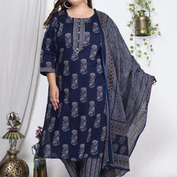 Swasti Plus Size Floral Printed Pure Cotton Kurta With Trousers & Dupatta image 4