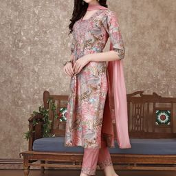 KALINI Floral Printed Regular Thread Work Kurta with Trousers & Dupatta image 5