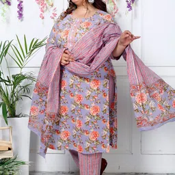 Swasti Plus Size Floral Printed Sequinned Pure Cotton Kurta With Trouser & Dupatta image 5
