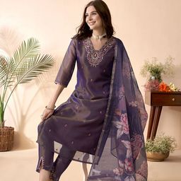 Anouk Metallic Ethnic Motifs Embroidered Sequined Straight Kurta with Trousers & Dupatta-4