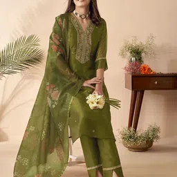 Anouk Green Ethnic Motifs Embroidered Straight Sequined Kurta with Trousers & Dupatta-25