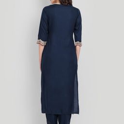 githaan Women Navy Blue Pleated Kurti with Trousers & With Dupatta image 3