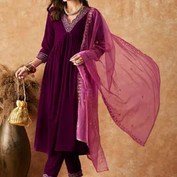 Sangria V Neck Zari Sequence Embroidered Flared Kurta with Trousers & Dupatta-52