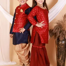 VASTRAMAY Boys Navy Blue and Rose Gold Kurta with Nehru Jacket-36