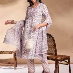 Anouk Floral Printed V-Neck Three-Quarter Sleeves Pure Cotton Kurta Set-picture-36