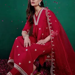 Sangria Sequence Embroidered V-Neck Kurta With Trousers & Dupatta-10