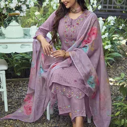 Indo Era Lavender & Red Floral Embroidered Pure Cotton Kurta With Trousers & Dupatta-53