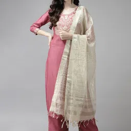 Indo Era Pink & Off White Ethnic Mottifs Yoke Design Kurta with Palazzos & Dupatta-13