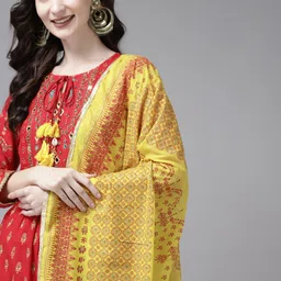 Indo Era Women Red Ethnic Motifs Printed Panelled Mirror Work Kurta with Trousers & With Dupatta-image-43