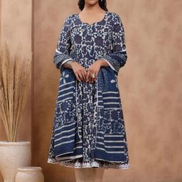 SkyaSia Floral Printed Notch Neck Anarkali Kurta With Trouser And Dupatta-image-10