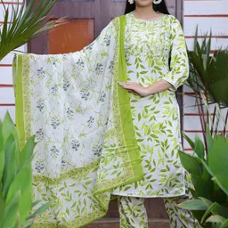 PARTHVI Floral Printed Thread Work Straight Kurta With Trousers & Dupatta-picture-11