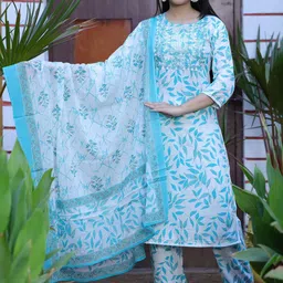 PARTHVI Floral Printed Thread Work Straight Kurta With Trousers & Dupatta-2