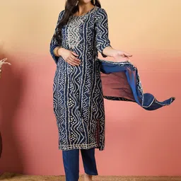 KALINI Women Bandhani Printed Regular Thread Work Kurta with Palazzos & With Dupatta-6