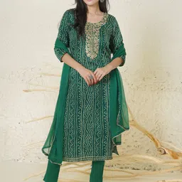KALINI Bandhani Printed Embroidered Regular Thread Work Kurta with Trousers & Dupatta-5
