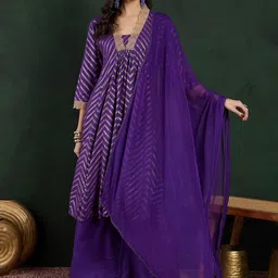 Sangria Purple Chevron Printed Thread Work V-Neck Anarkali Kurta With Palazzo And Dupatta-image-9
