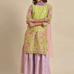 WISHFUL Floral Printed Regular Sequinned Kurta With Sharara & Dupatta image 1
