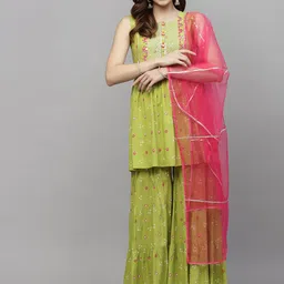 Stylum Round Neck Bandhani Embroidered Pleated A-Line Kurti With Sharara & Dupatta-picture-8