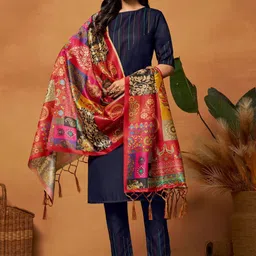 Sangria Navy Blue & Red Striped Embroidered Straight Kurta With Trouser & Dupatta-14
