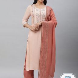 AURELIA Ethnic Motifs Embroidered Regular Kurta With Palazzos & Dupatta-picture-3