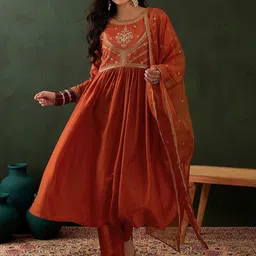 Sangria Orange Ethnic Motifs Embroidered Sequinned A-Line Kurta With Trouser & Dupatta-image-46