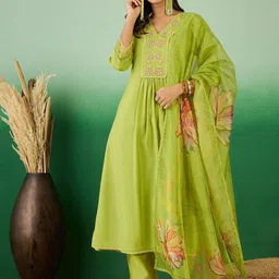 Sangria Green Floral Embroidered V-Neck Sequined A-Line Kurta With Trouser & Dupatta-picture-4