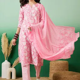 Sangria Floral Printed Pure Cotton Straight Kurta With Trouser & Dupatta-picture-11