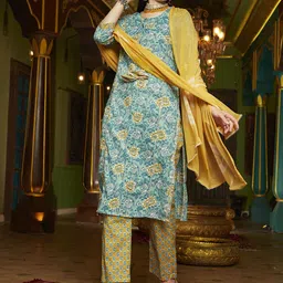 Sangria Floral Printed Pure Cotton Straight Kurta With Trouser & Dupatta Set-12