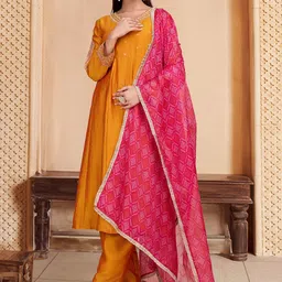 House of Pataudi Embroidered Anarkali Kurta With Trouser & Dupatta Set-picture-5