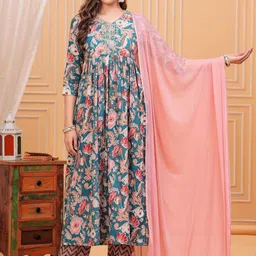 NEW4U Women Floral Printed Regular Thread Work Pure Cotton Kurta with Palazzos & With Dupatta-32