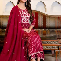 KALINI Bandhani Embroidered Regular Mirror Work Kurta with Trousers & Dupatta image 3