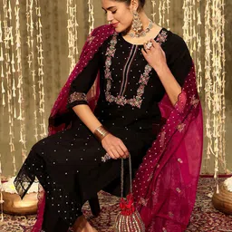 Indo Era Floral Embroidered Regular Thread Work Kurta With Trousers & Dupatta-picture-47