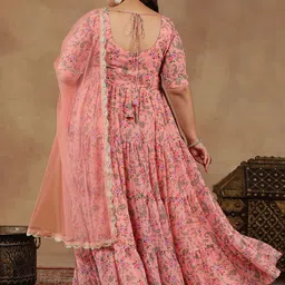 INDDUS PLUS Plus Size Floral Printed Tiered Flared Kurta With Dupatta image 5