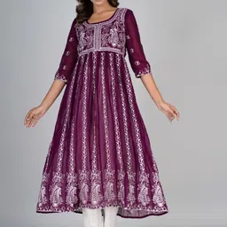HERE&NOW Purple & White Floral Embroidered Paneled Georgette Anarkali Kurta-picture-34