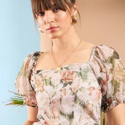 SASSAFRAS Floral Print Puff Sleeve Crop Top-image-55