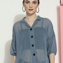 CLEMIRA Self Design Shirt Collar Puff Sleeves Shirt Style Top-image-72