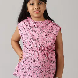 KiddoPanti Girls Peter Pan Collar Floral Printed Cinched Waist Georgette Top-image-86
