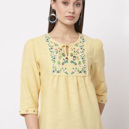 Gipsy Yellow Floral Embellished Tie-Up Neck Georgette Top-image-64