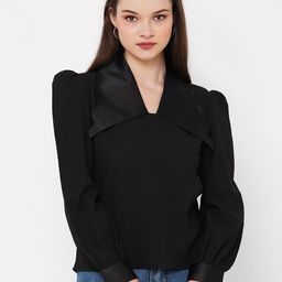MISH Black V-Neck Puff Sleeves Sheen Georgette Top-picture-50