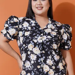 U&F Beyond Plus Size Floral Print Puff Sleeves Georgette Top-55