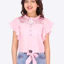 CUTECUMBER Girls Pink Sequined Georgette Top-picture-9