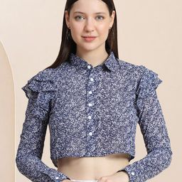 BAESD Abstract Printed Shirt Collar Cuffed Sleeves Cropped Shirt Style Top-picture-25