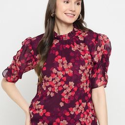 Imfashini High Neck Floral Print Puff Sleeve Top-image-77
