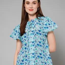 PURYS Floral Printed Tie-Up Neck Flutter Sleeves Georgette Top-picture-15