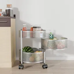 2+1 Layer Kitchen Metal Storage Rack with Wheels | Round Shape - Silver Iron Kitchen Trolley-image-47