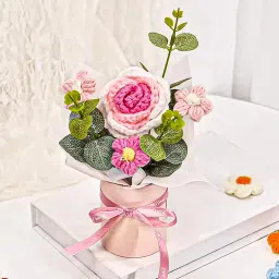 Small Pink & White Crochet Bouquet | Woolen Handmade Flowers for Gifting Pink, White Rose Artificial Flower with Pot-picture-29