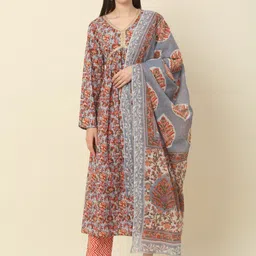 KALINI Floral Printed Gotta Patti Anarkali Pure Cotton Kurta with Trousers & Dupatta-picture-47