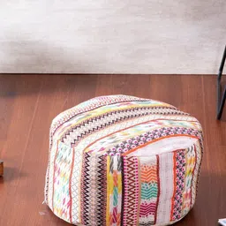 nestroots White & Pink Geometric Cotton Round Ottoman-image-6