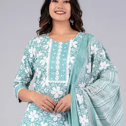 JAIPURI COLLECTION Floral Printed Pure Cotton Straight Kurta & Trousers With Dupatta-12